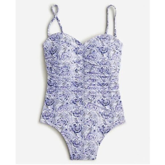 NWT J.Crew Blue Dandelion Swirl Ruched Sweetheart One Piece Swimsuit Size 24 - Picture 1 of 4